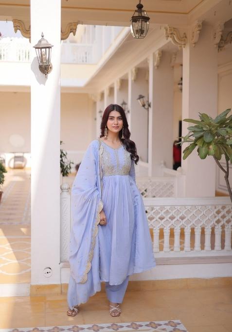 Blue Embroidered Chanderi Salwar Kameez