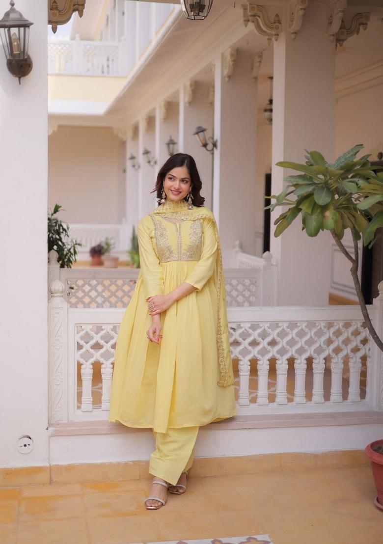 Yellow Embroidered Chanderi Salwar Kameez - Indya