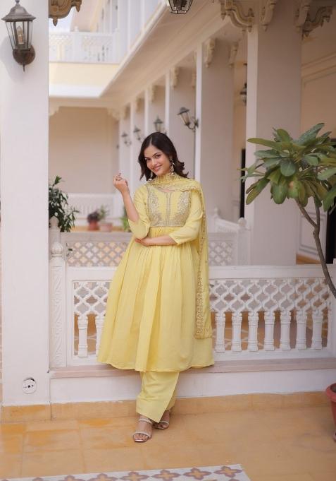 Yellow Embroidered Chanderi Salwar Kameez