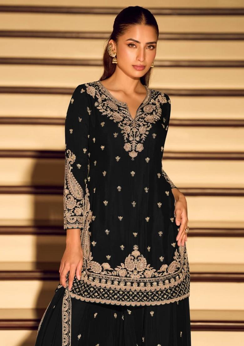 Black Embroidered Silk Blend Salwar Kameez - Indya