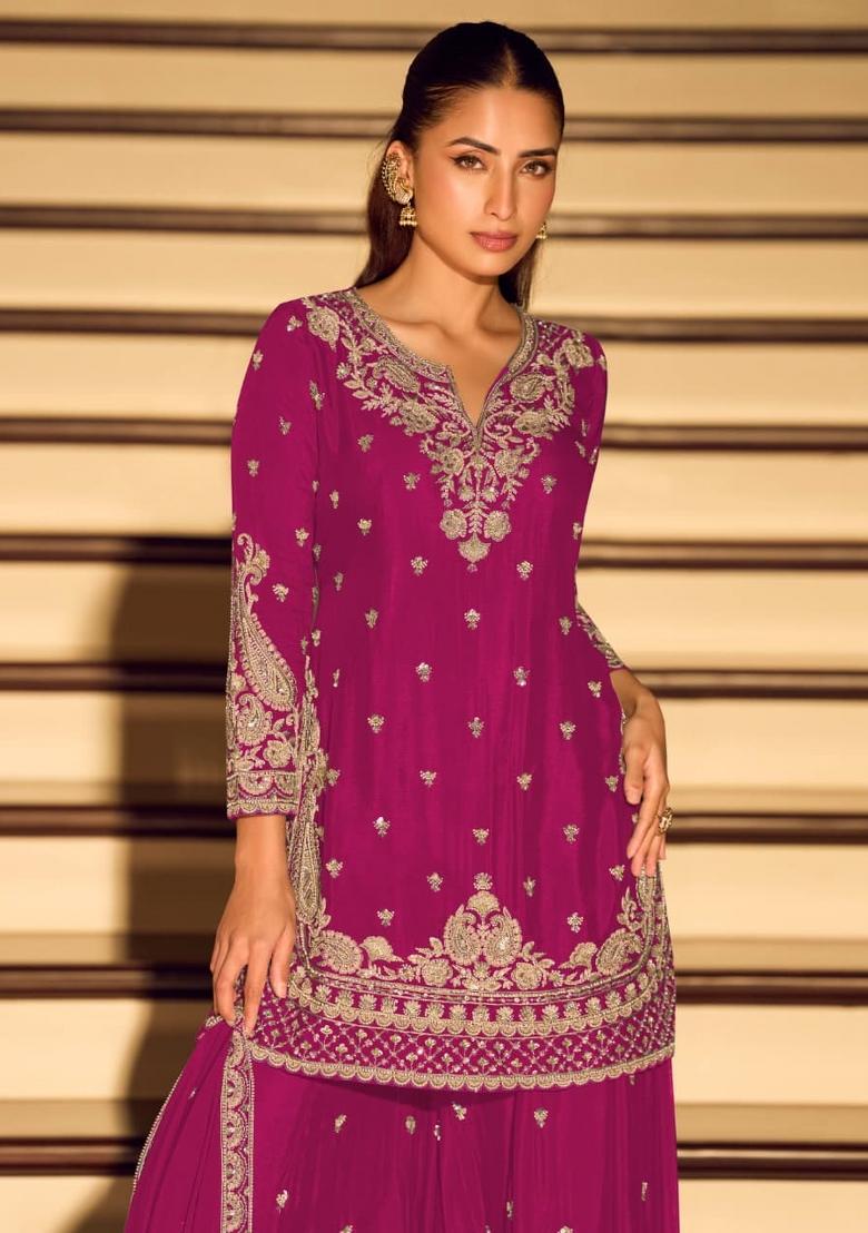 Rani Pink Embroidered Silk Blend Salwar Kameez - Indya