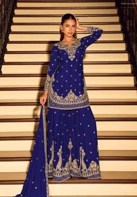 Dark Blue Embroidered Silk Blend Salwar Kameez