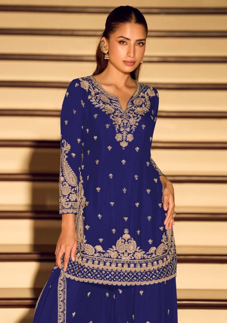 Dark Blue Embroidered Silk Blend Salwar Kameez - Indya