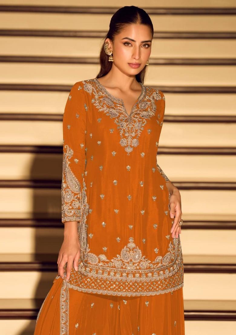 Orange Embroidered Silk Blend Salwar Kameez - Indya