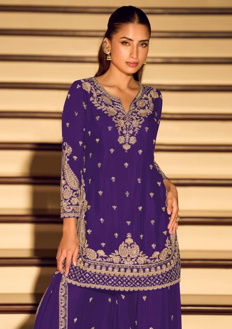 Violet Embroidered Silk Blend Salwar Kameez - Indya