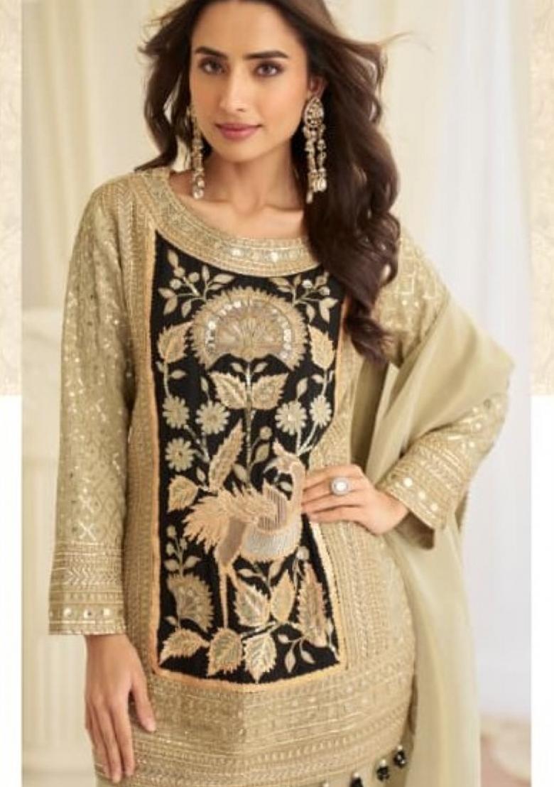 Cream Embroidered Shimmer Salwar Kameez - Indya