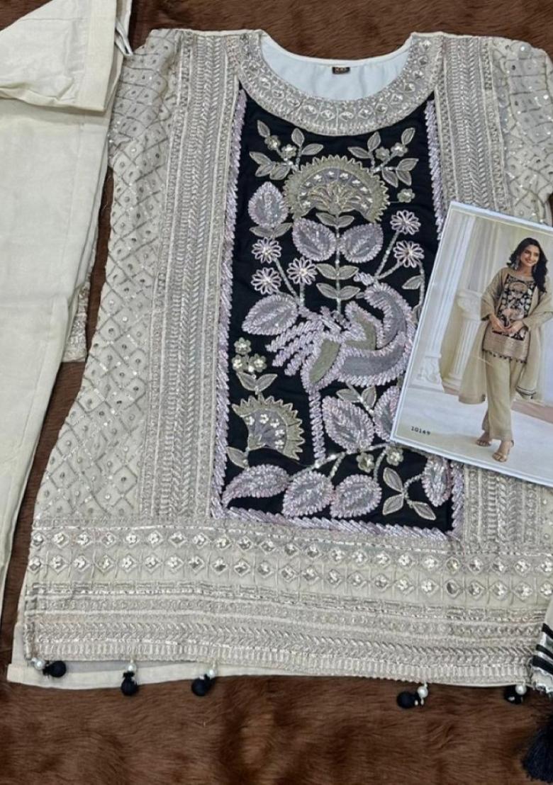 Cream Embroidered Shimmer Salwar Kameez - Indya