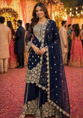 Navy Blue Embroidered Georgette Salwar Kameez
