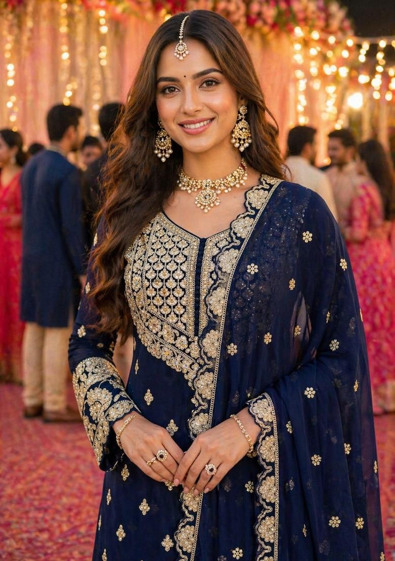Navy Blue Embroidered Georgette Salwar Kameez - Indya