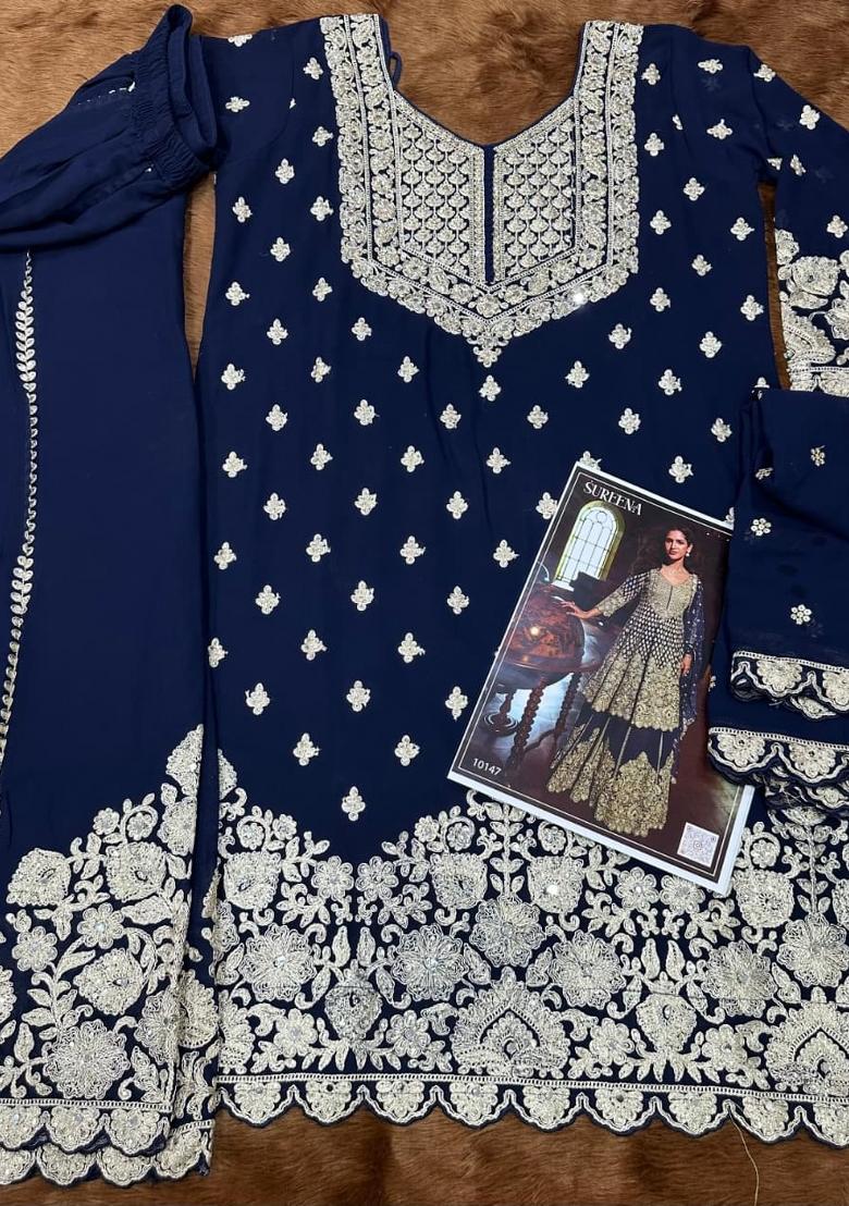 Navy Blue Embroidered Georgette Salwar Kameez - Indya