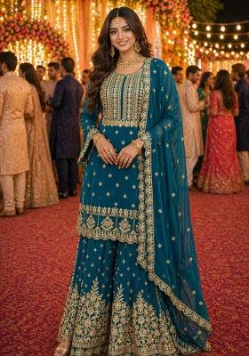 Teal Blue Embroidered Georgette Salwar Kameez