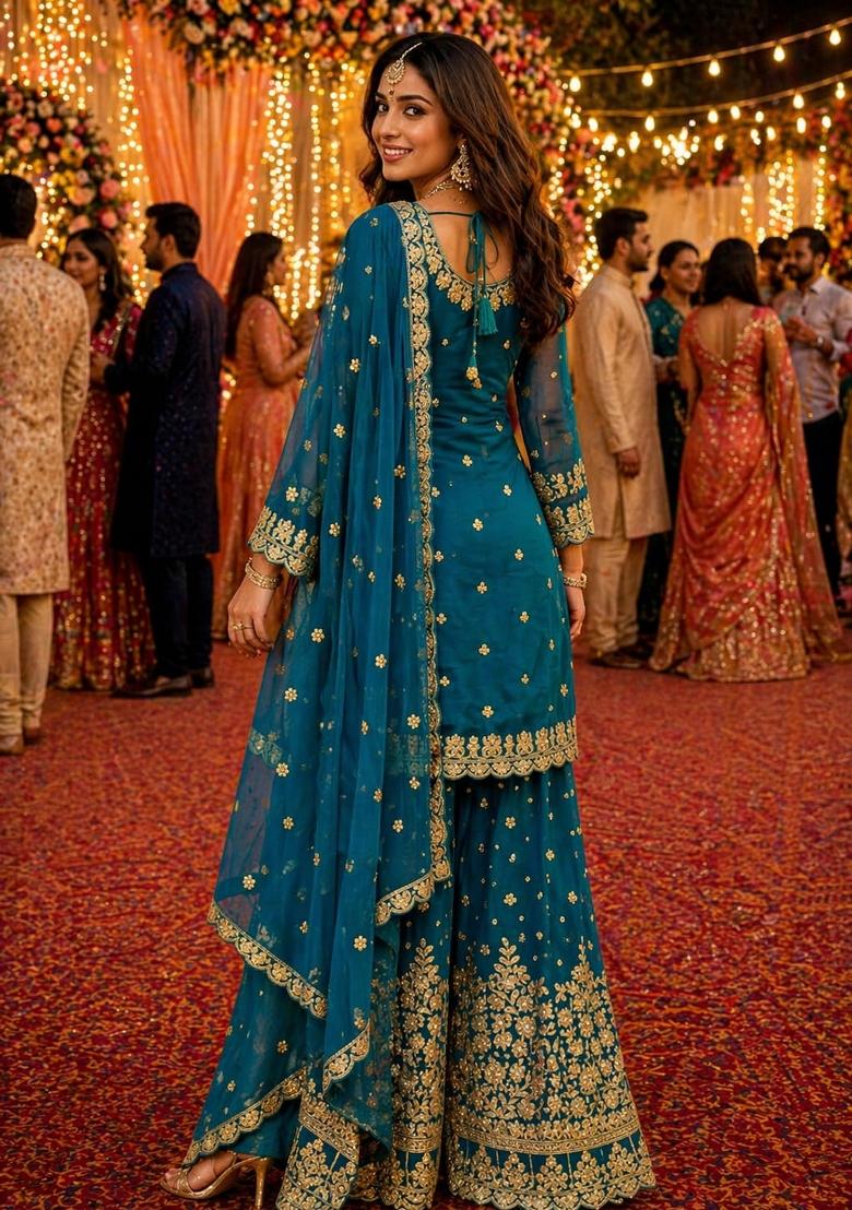 Teal Blue Embroidered Georgette Salwar Kameez - Indya
