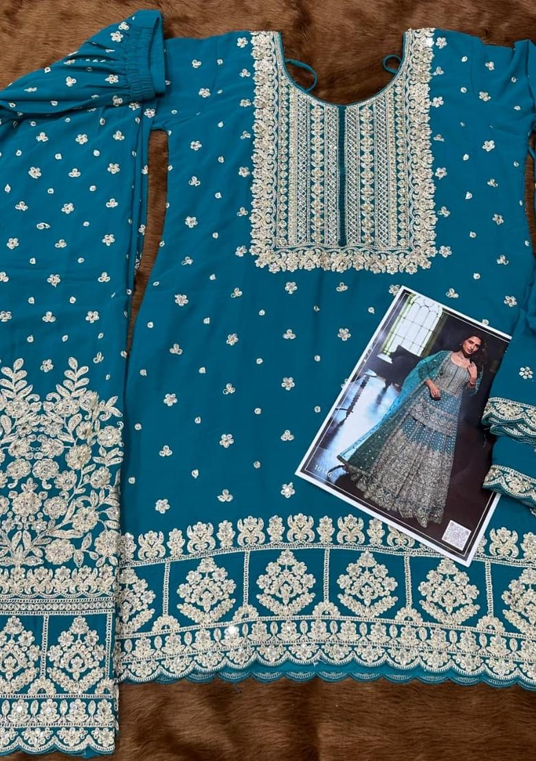 Teal Blue Embroidered Georgette Salwar Kameez - Indya