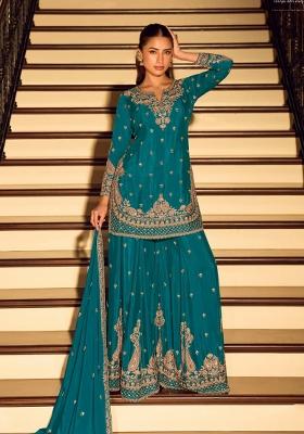 Teal Blue Embroidered Silk Salwar Kameez