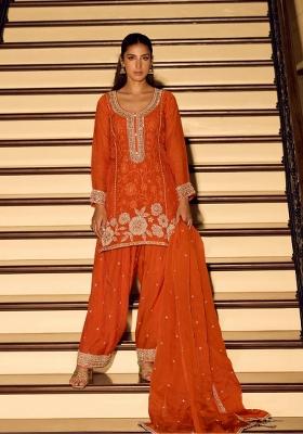 Orange Embroidered Silk Salwar Kameez