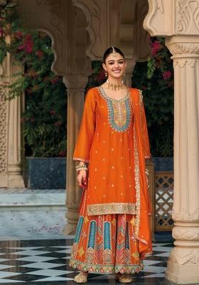 Orange Embroidered Silk Kurta Set