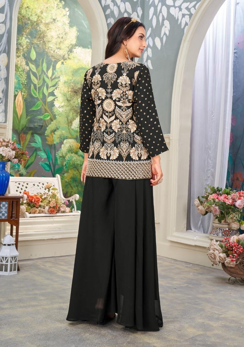 Black Embroidered Georgette Kurta Set - Indya