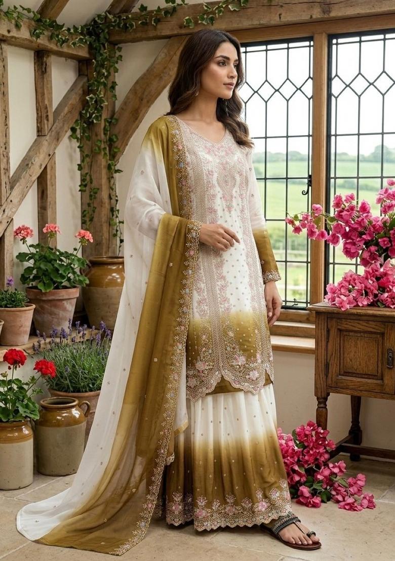 Brown Embroidered Georgette Kurta Set - Indya