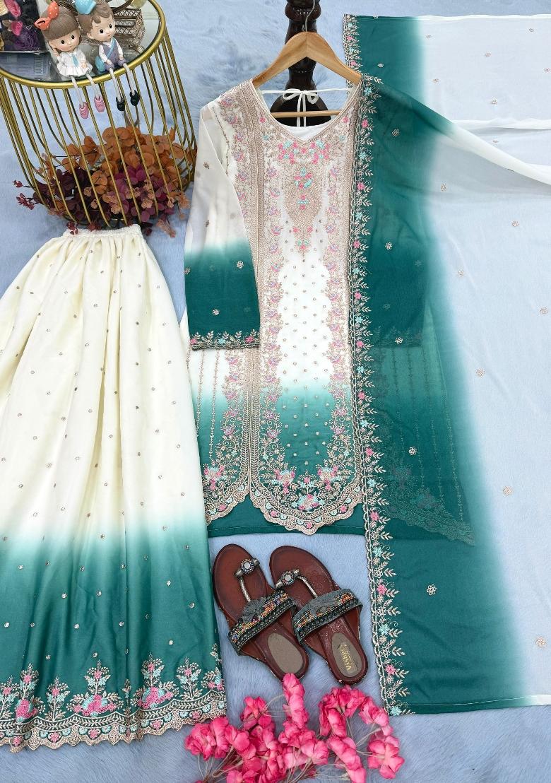 Blue Embroidered Georgette Kurta Set - Indya