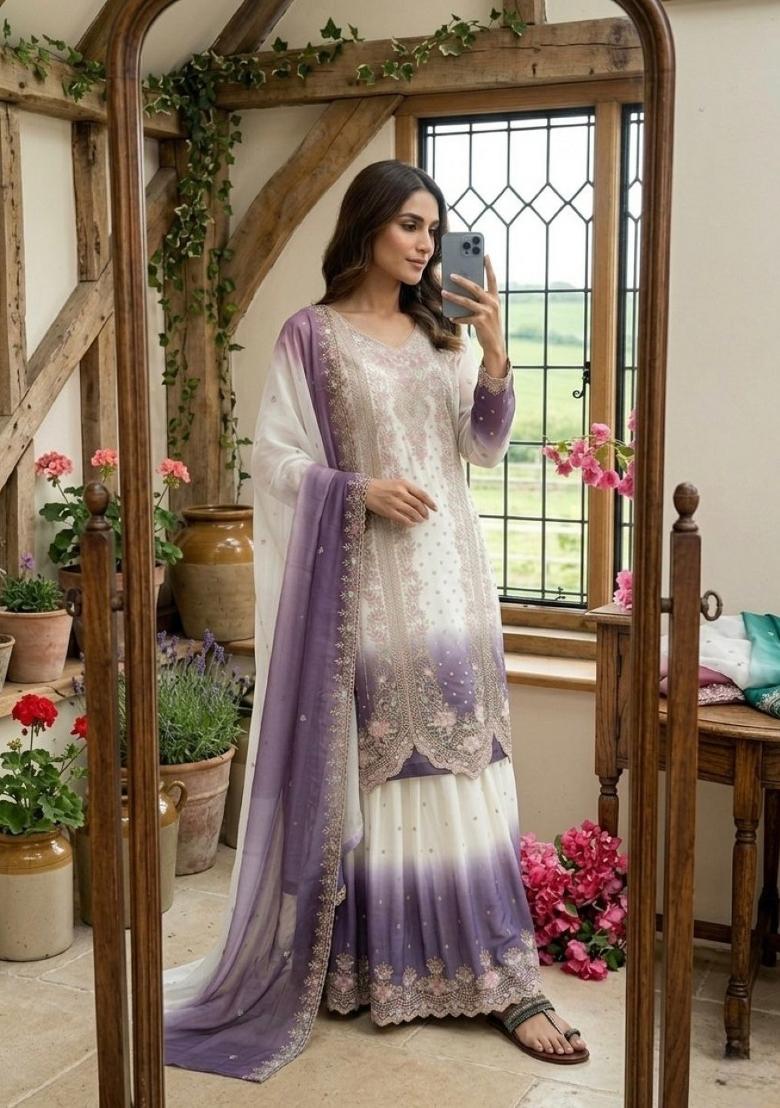 Lavender Embroidered Georgette Kurta Set - Indya