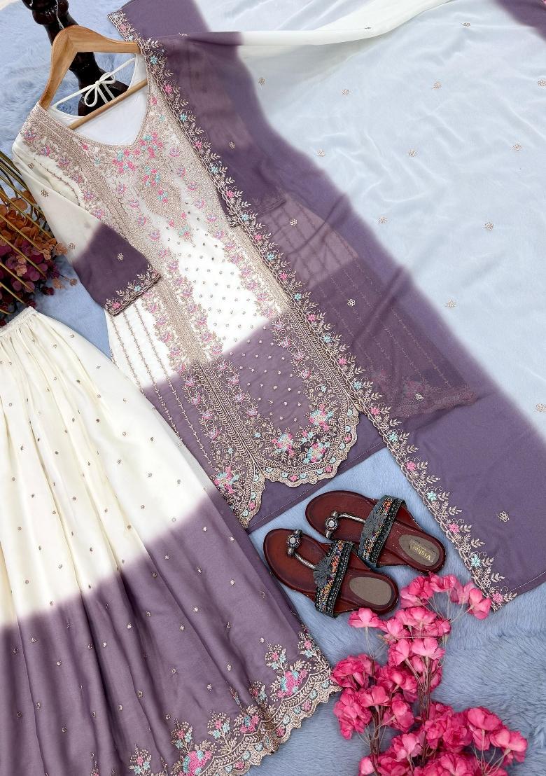 Lavender Embroidered Georgette Kurta Set - Indya