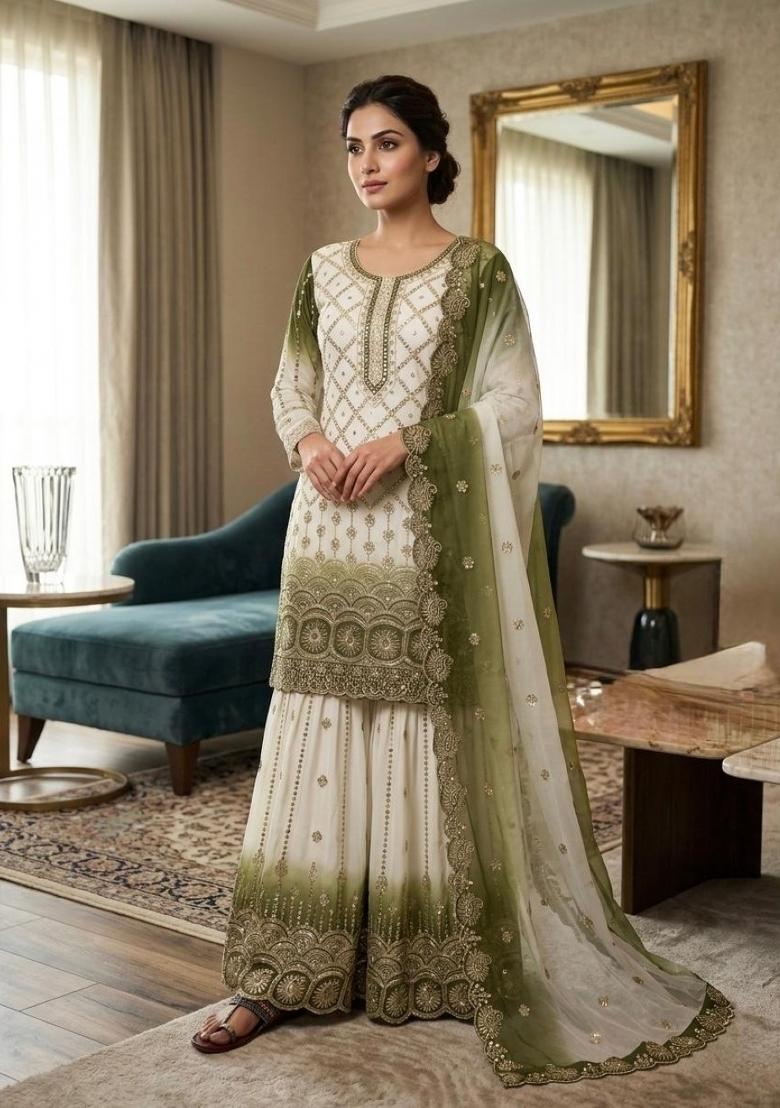 Mehendi Embroidered Georgette Kurta Set - Indya