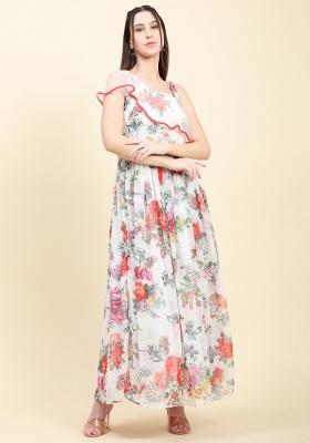 White Floral Print Georgette Kurta