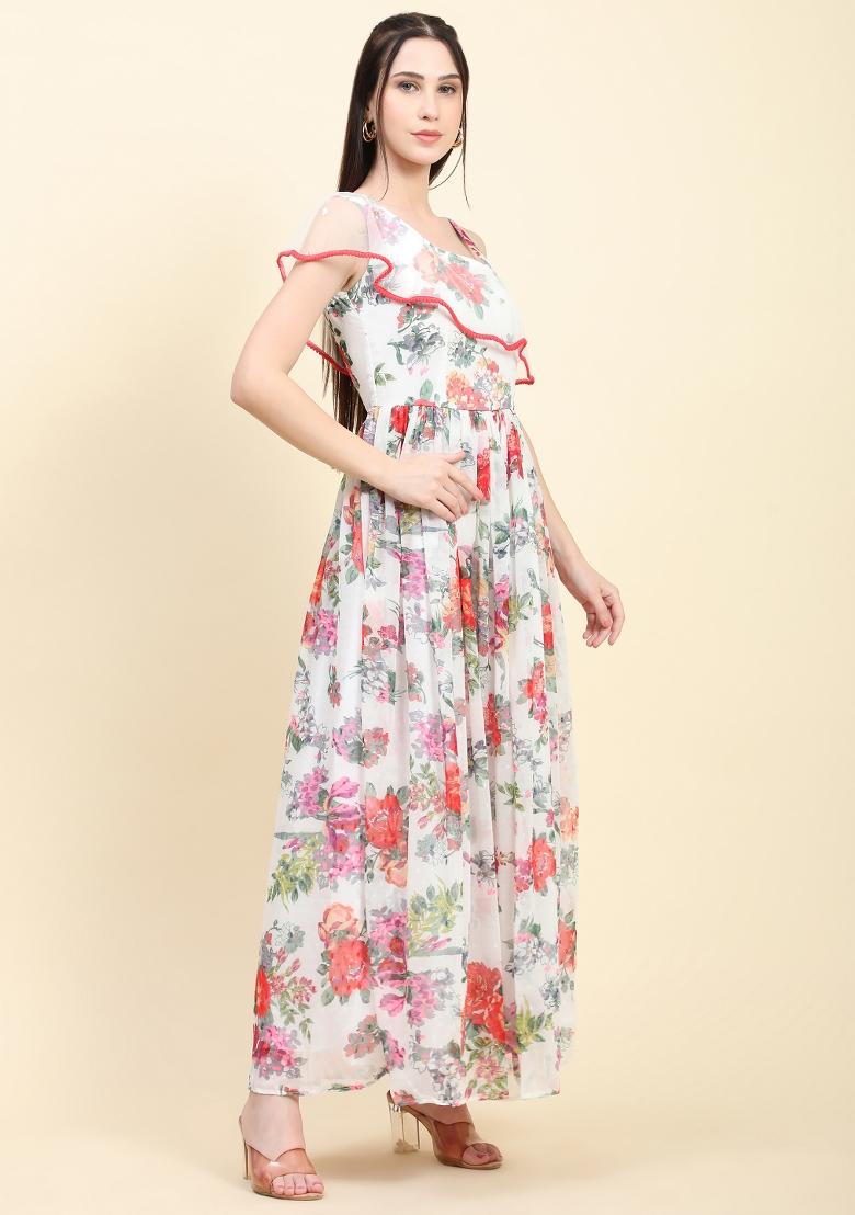White Floral Print Georgette Kurta - Indya