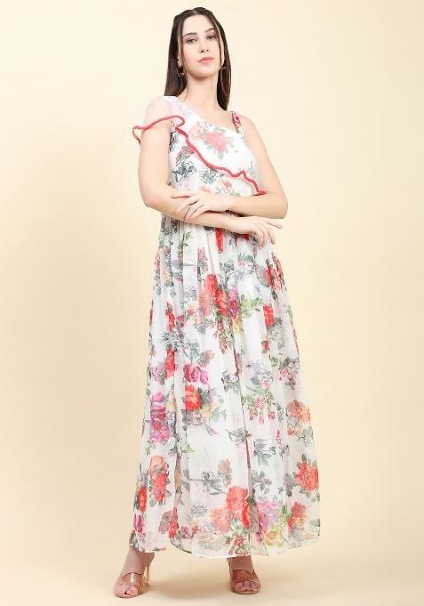 White Floral Print Georgette Kurta