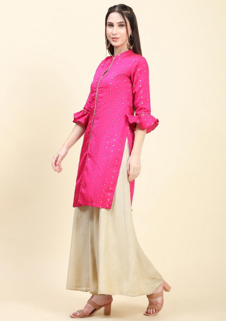 Pink Zari Work Taffeta Kurta Set  - Indya