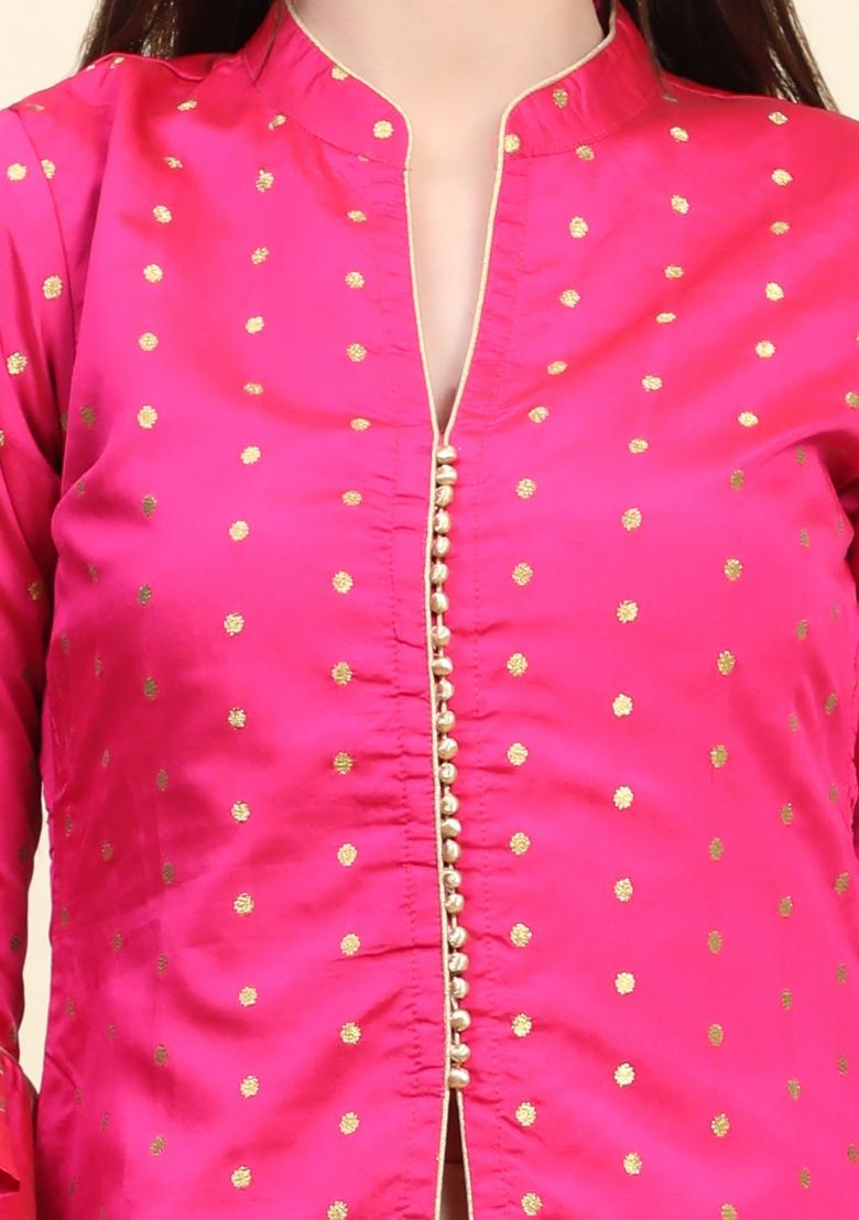 Pink Zari Work Taffeta Kurta Set  - Indya