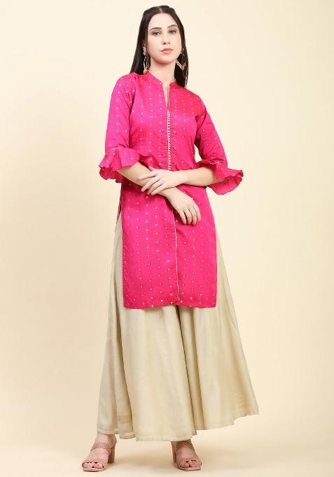 Pink Zari Work Taffeta Kurta Set 