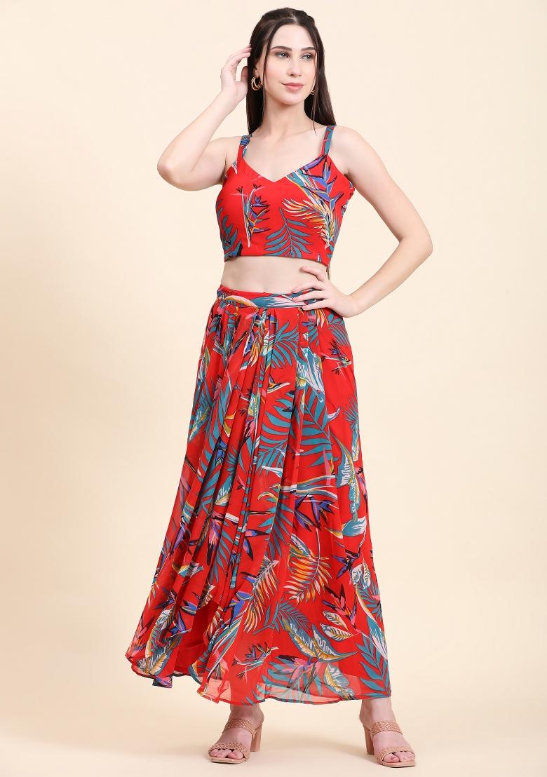 Red Embellished Georgette Kurta Set  - Indya