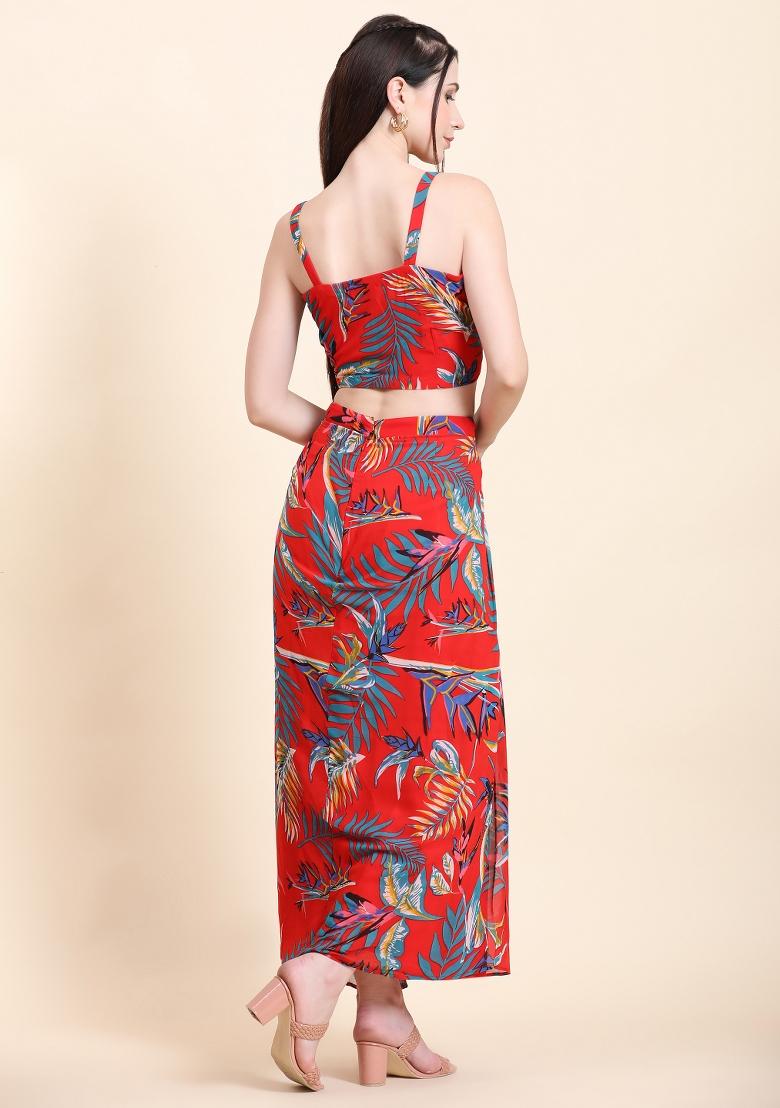 Red Embellished Georgette Kurta Set  - Indya