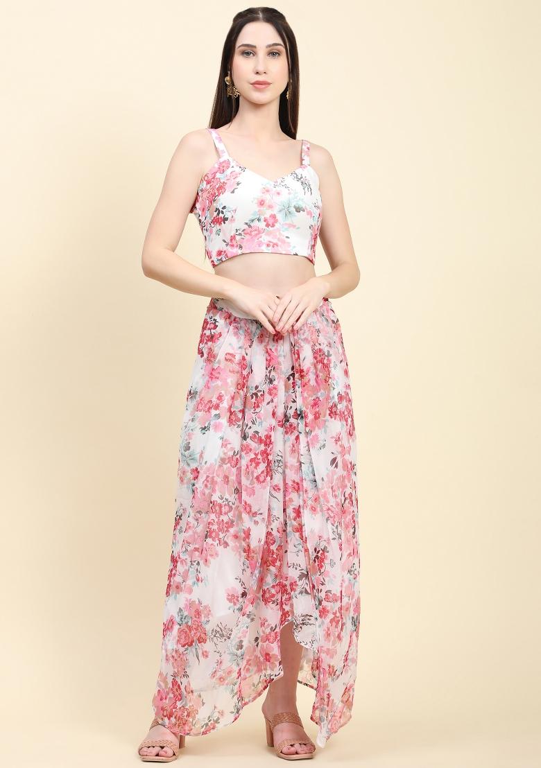 White Floral Print Georgette Kurta Set  - Indya