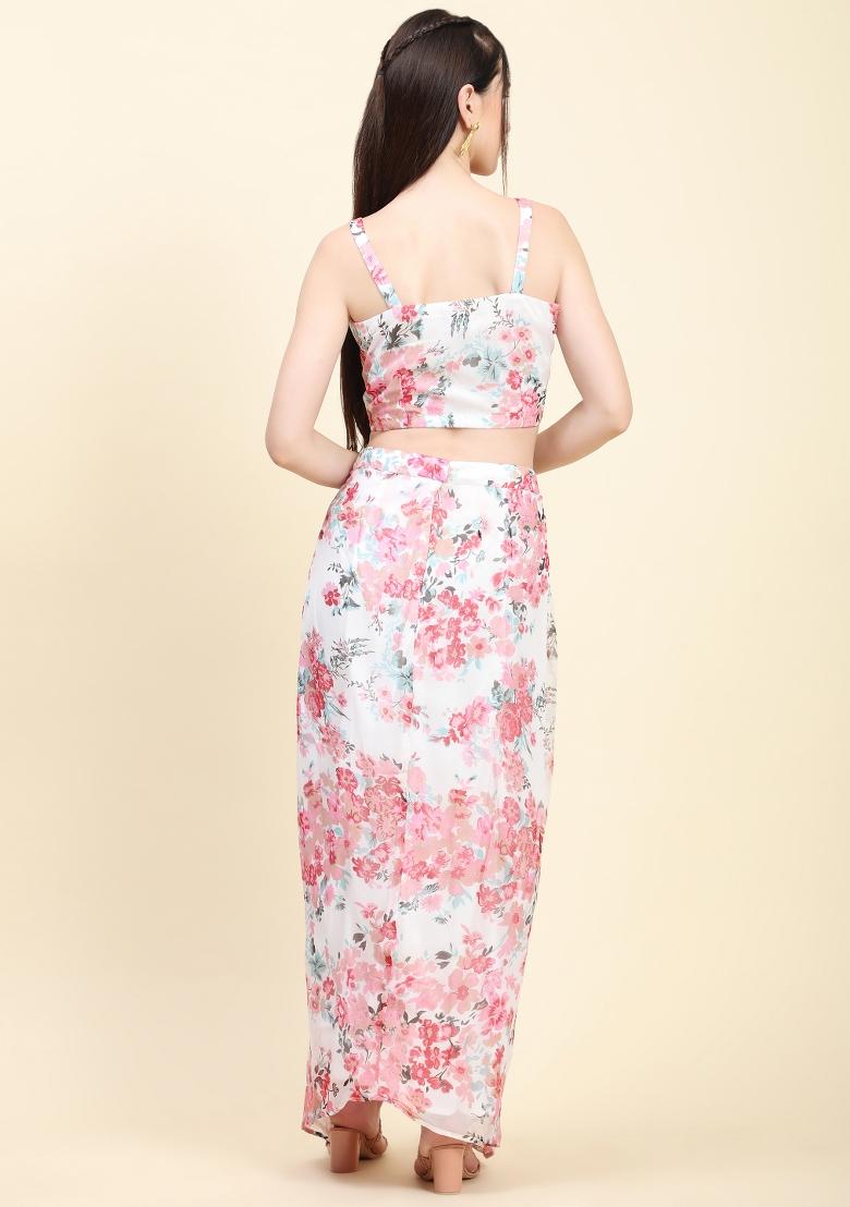 White Floral Print Georgette Kurta Set  - Indya