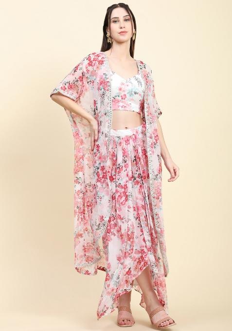 White Floral Print Georgette Kurta Set 
