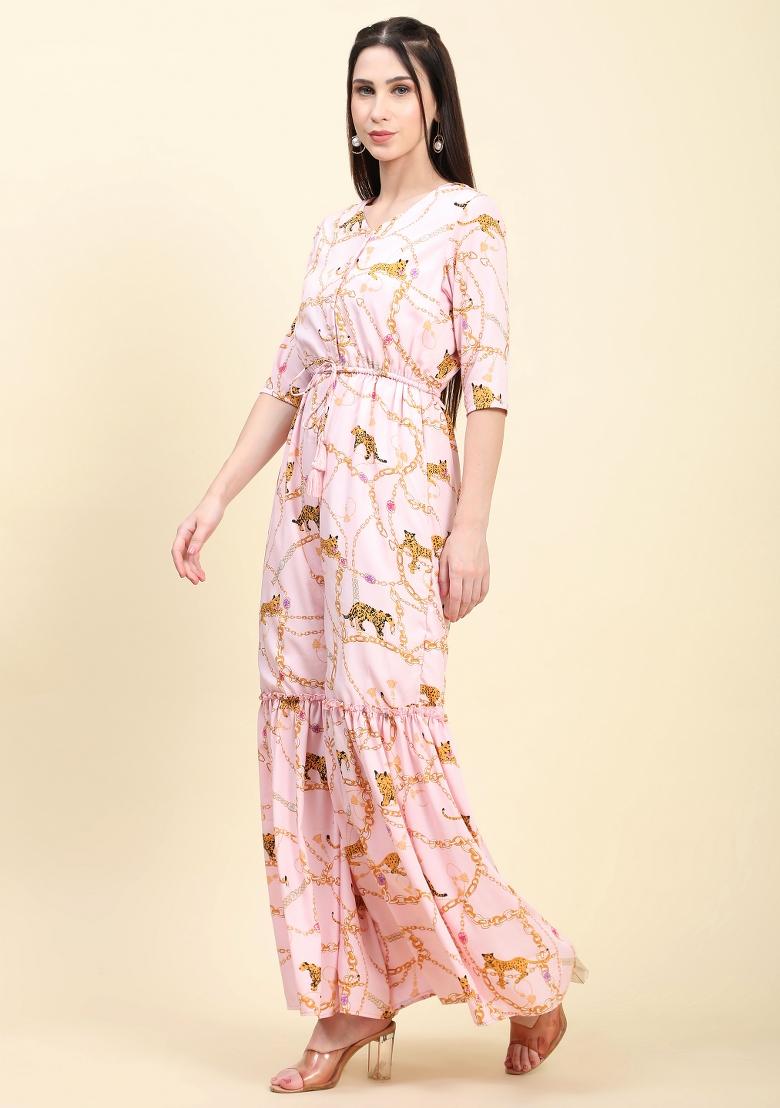 Baby Pink Printed Crepe Jumpsuit - Indya