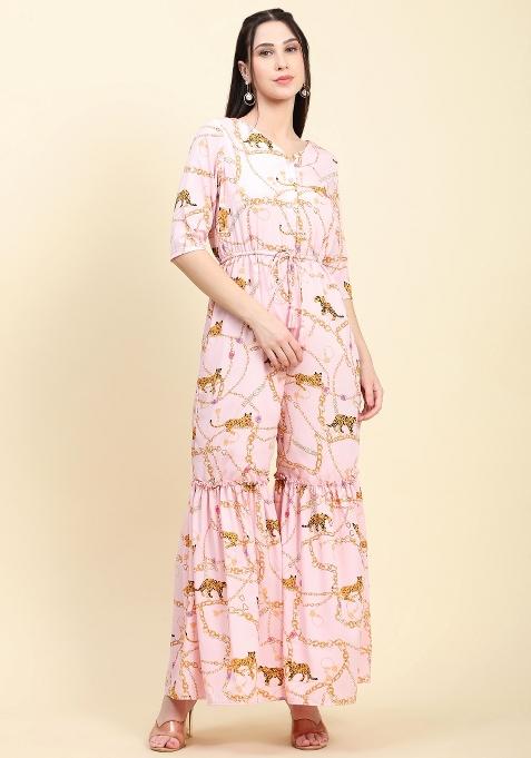Baby Pink Printed Crepe Jumpsuit