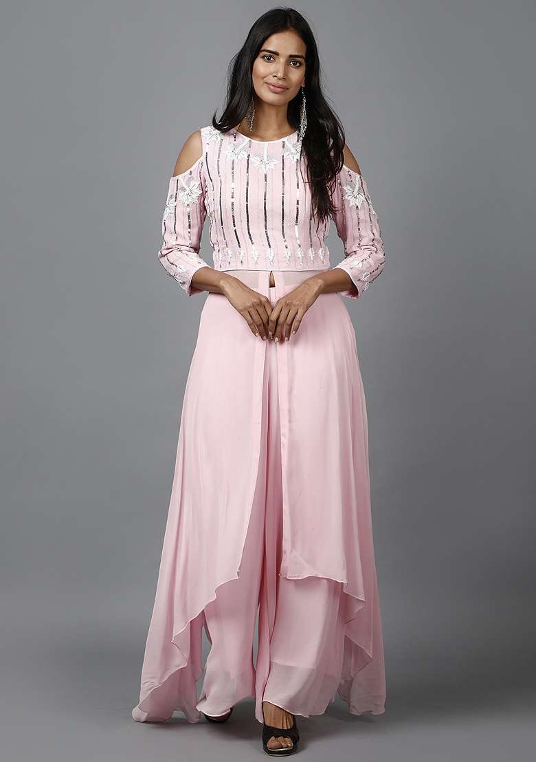 Pink Sequin Work Georgette Kurta Set  - Indya