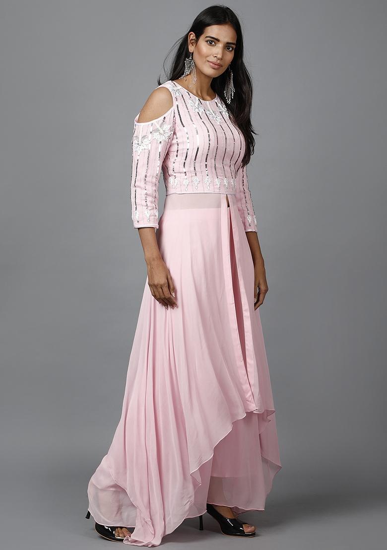 Pink Sequin Work Georgette Kurta Set  - Indya