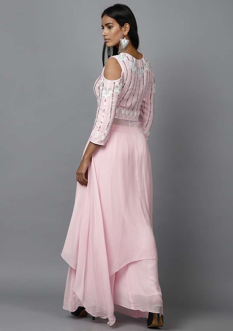 Pink Sequin Work Georgette Kurta Set  - Indya