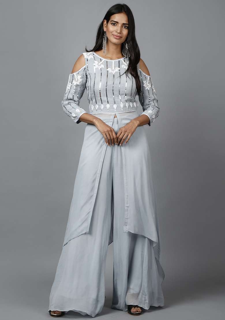 Grey Sequin Work Georgette Kurta Set  - Indya