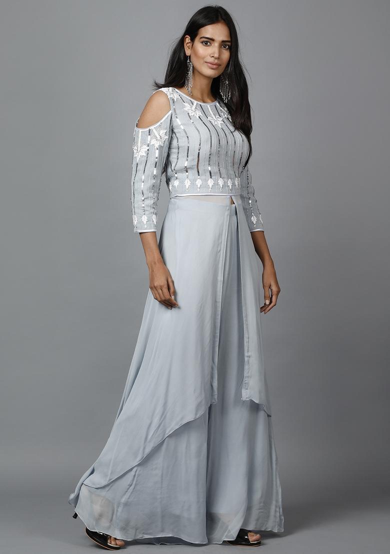 Grey Sequin Work Georgette Kurta Set  - Indya