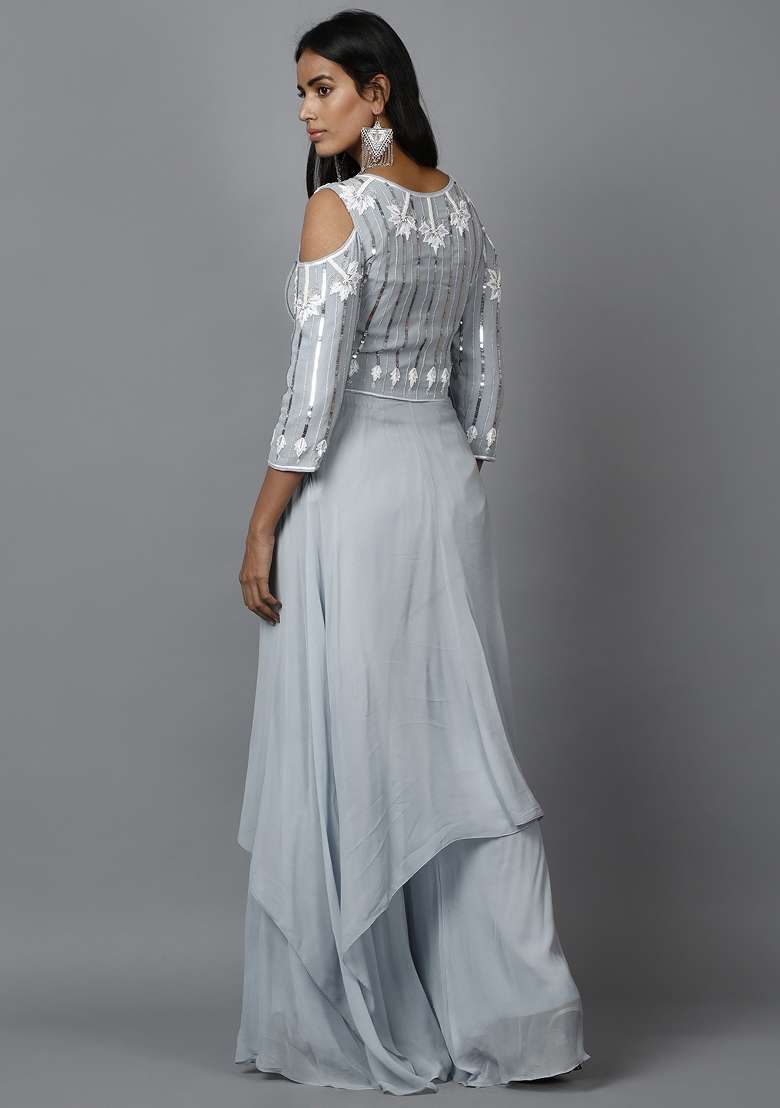 Grey Sequin Work Georgette Kurta Set  - Indya