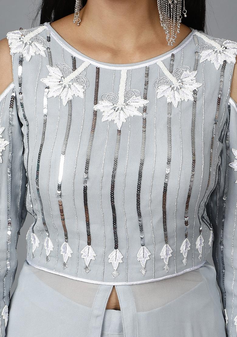 Grey Sequin Work Georgette Kurta Set  - Indya
