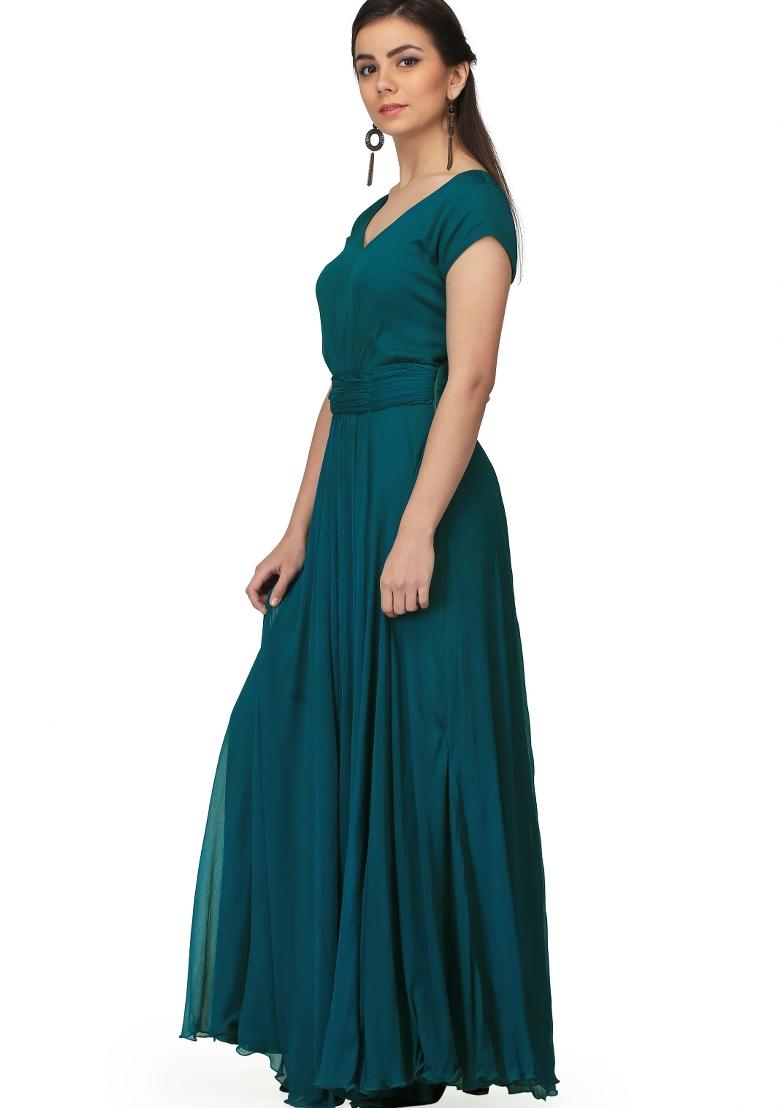 Dark Green Chiffon Gown - Indya