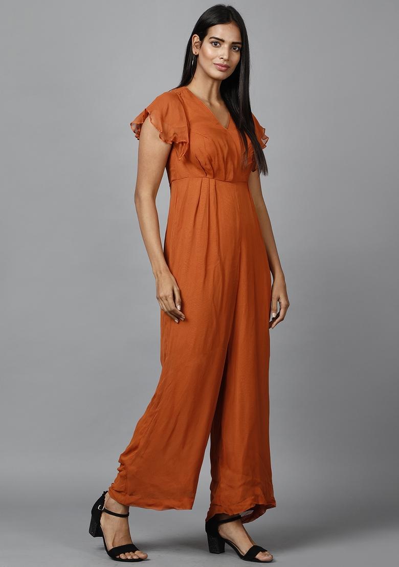 Brown Georgette Jumpsuit - Indya