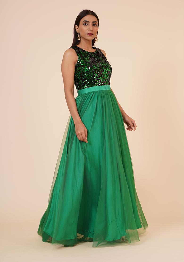 Green Sequin Work Gown - Indya