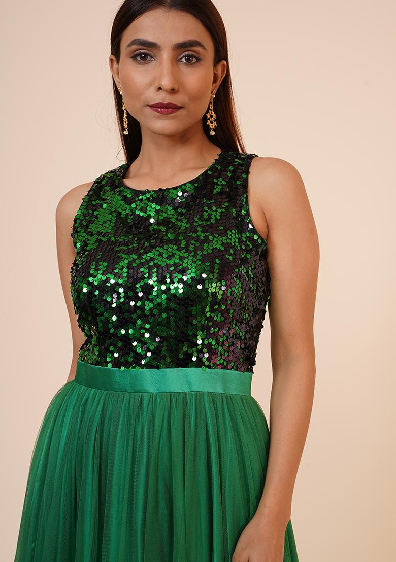 Green Sequin Work Gown - Indya